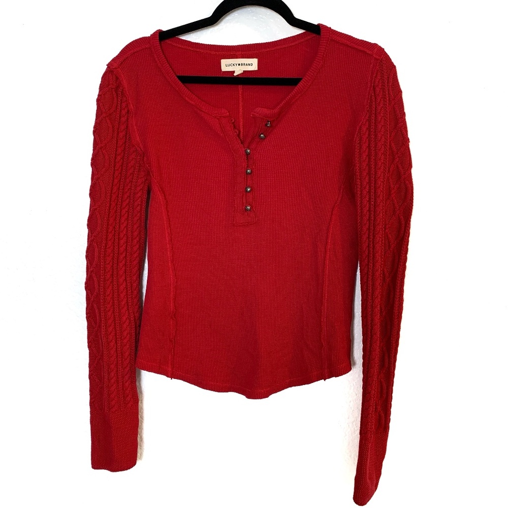 Lucky Brand Waffle Knit Henley Size Small Jester Red Cable Knit Sweater Sleeve - Picture 2 of 14